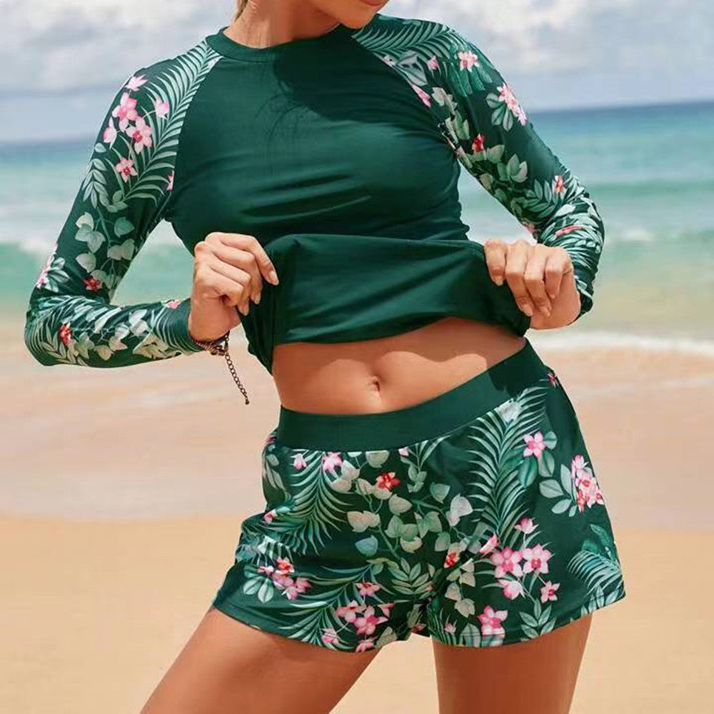 2025 New European and American Foreign Trade Cross-border Swimsuit Women's Long-sleeved Digital Printing Conservative Women's Split Bikini Swimsuit
