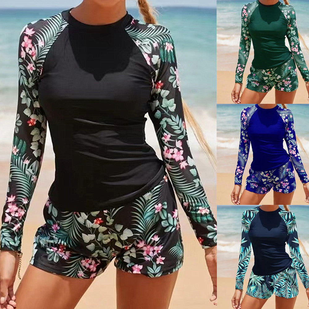 2025 New European and American Foreign Trade Cross-border Swimsuit Women's Long-sleeved Digital Printing Conservative Women's Split Bikini Swimsuit