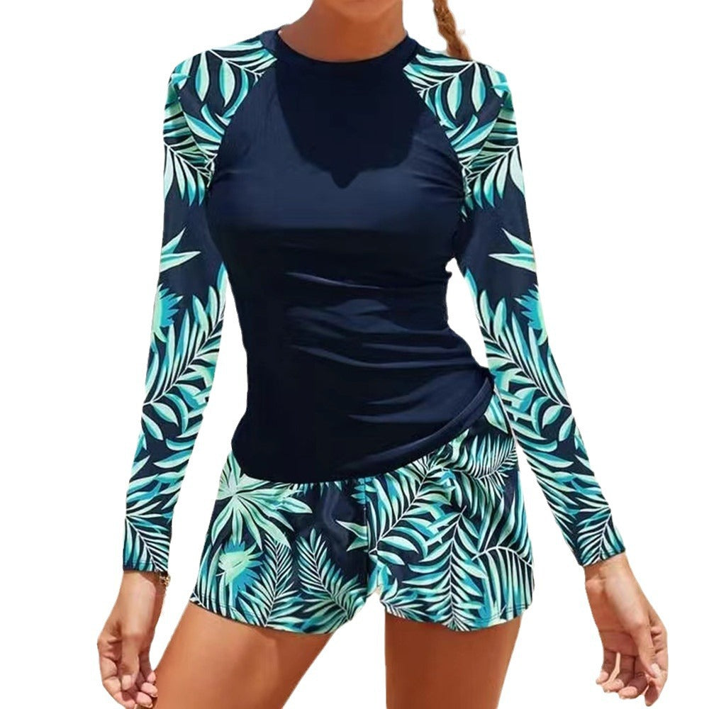2025 New European and American Foreign Trade Cross-border Swimsuit Women's Long-sleeved Digital Printing Conservative Women's Split Bikini Swimsuit